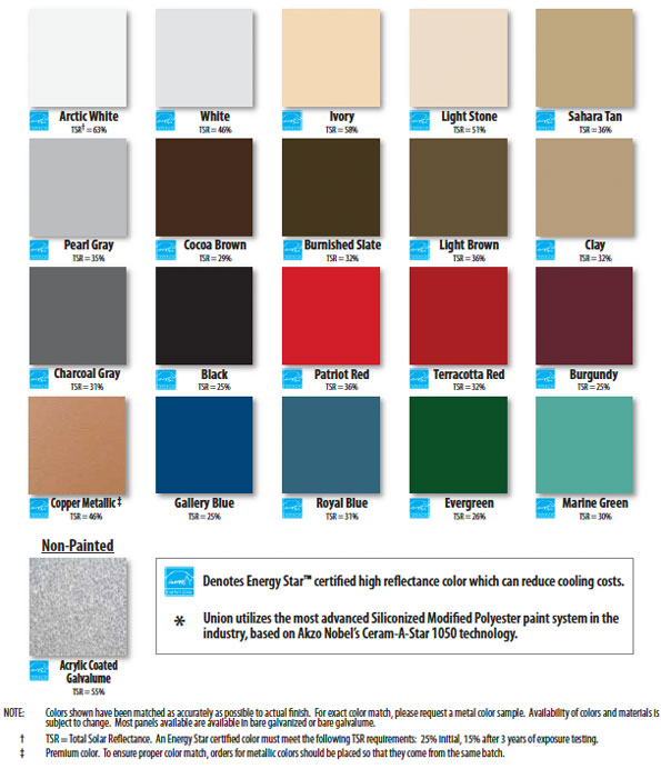 300/500 metal roof color chart